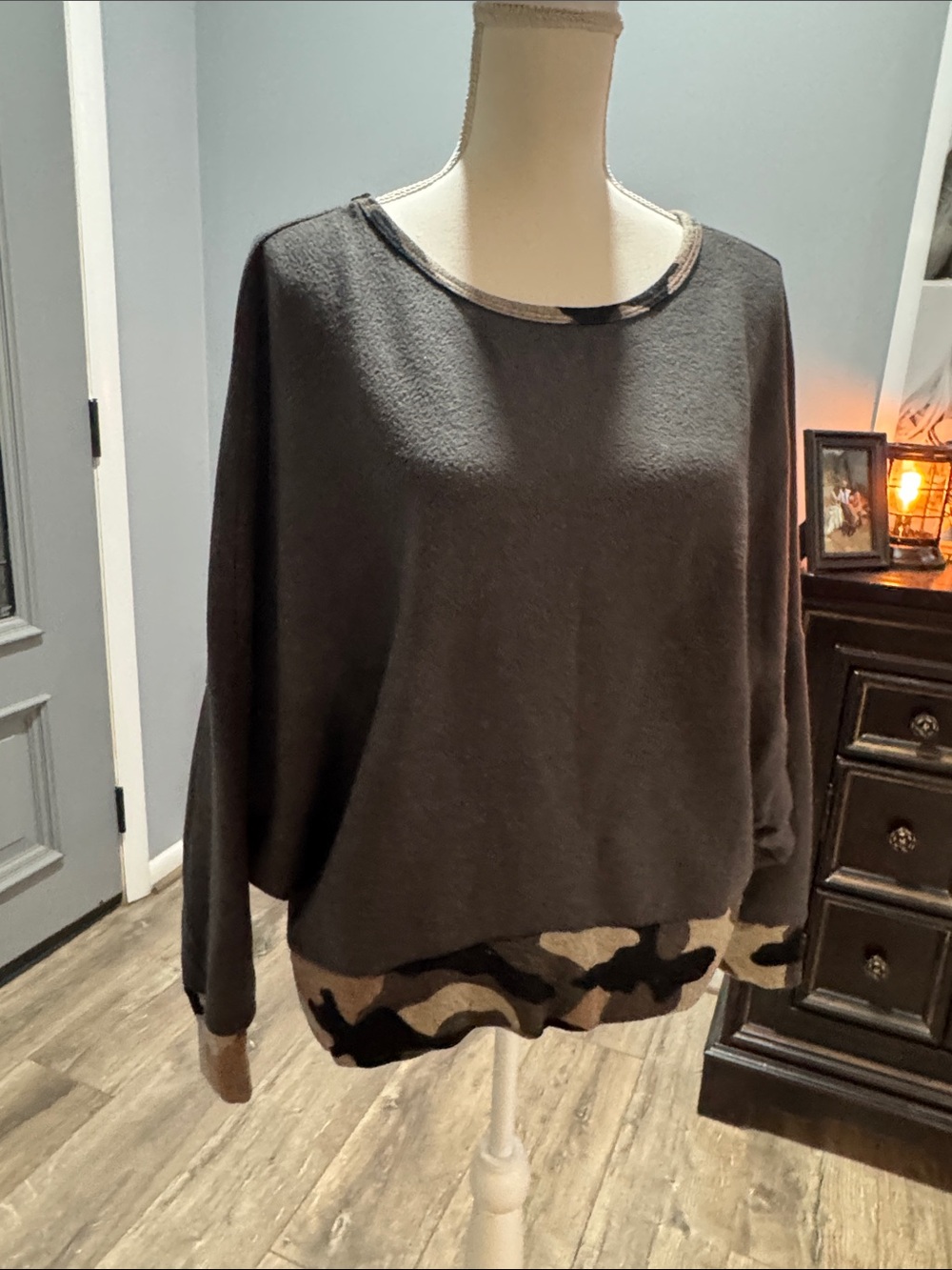 Cozy Charcoal Pullover with Open Back and Camo Trim Size L